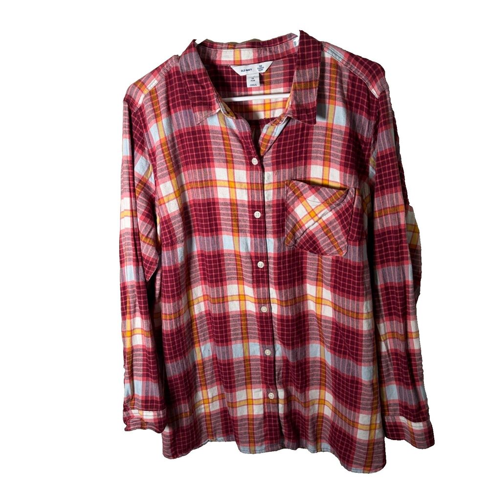 Old Navy Shirt Women's 2X Red Orange Plaid Classic Shirt Button Up Top